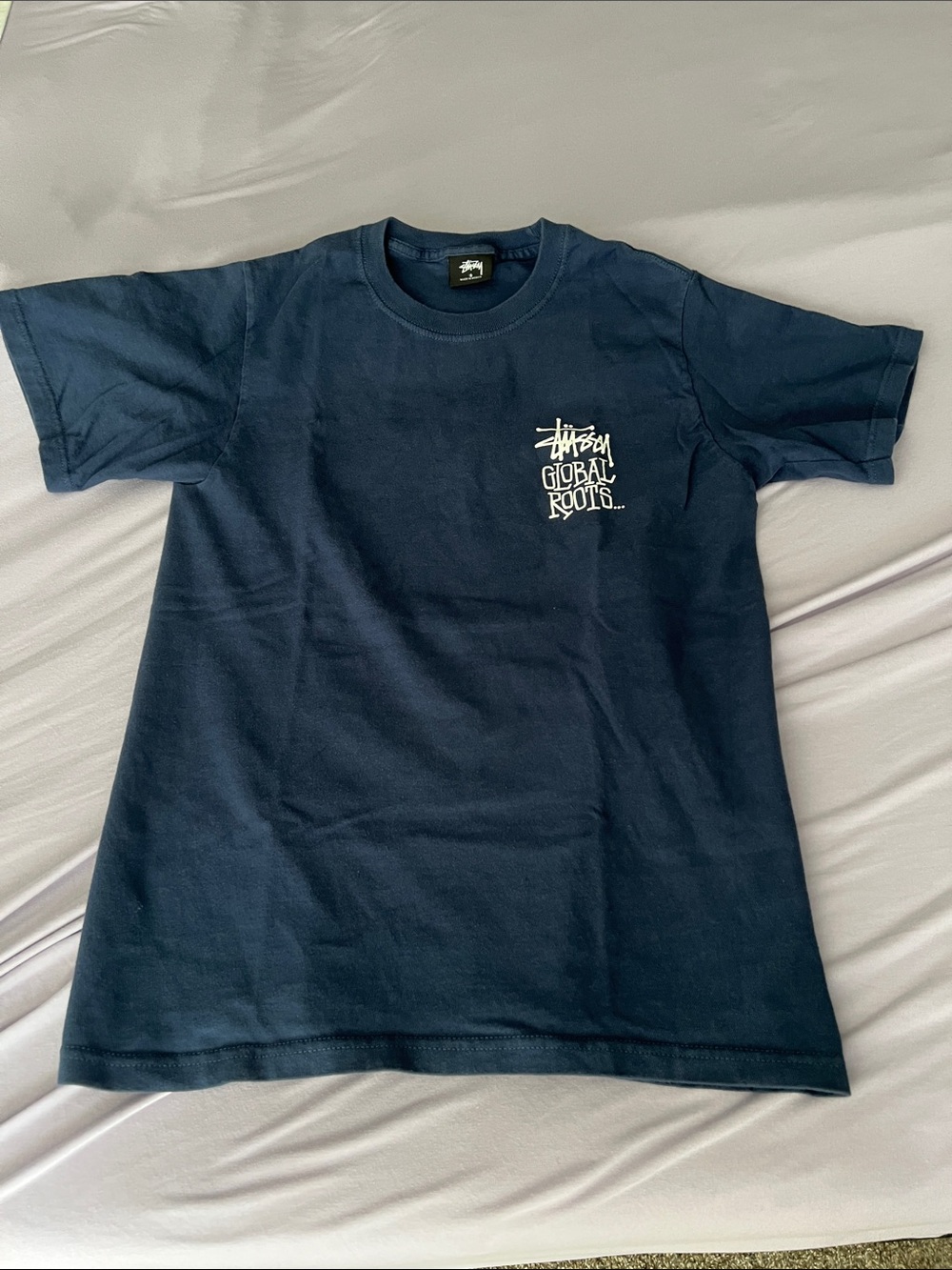 Stussy Navy Blue Short Sleeve Global Roots Chest Logo Tee